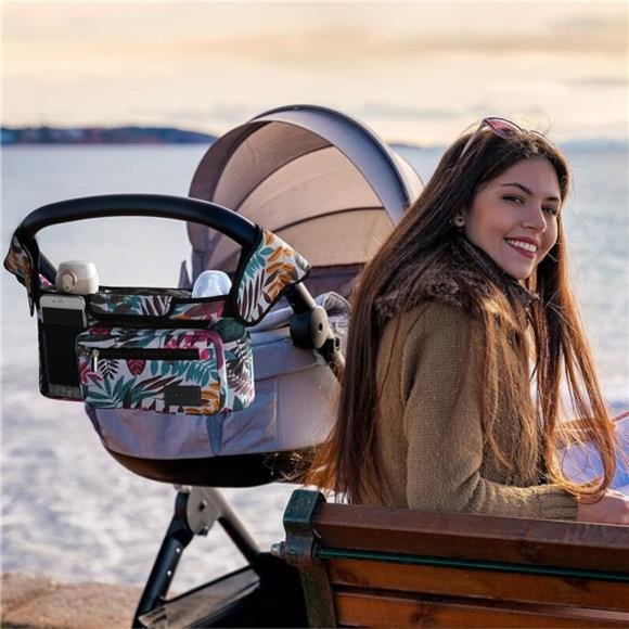 Universal Stroller Organizer w/ Insulated Cup Holder Phone Bag & Shoulder Strap - Picture 5 of 7
